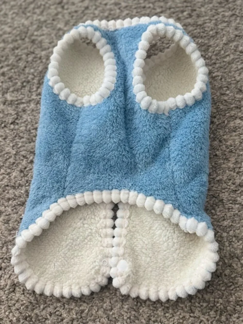 Cute Blue Fleece Dog Vest with Built-in Harness Rings & Bunny Patch - Size L